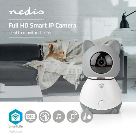 Nedis WIFICI30CGY Smartlife Camera Voor Binnen Wi-fi Full Hd 1080p Kiep En Kantel Cloud / Microsd Met Bewegingssensor Nachtzicht Android & Ios Grijs/wit