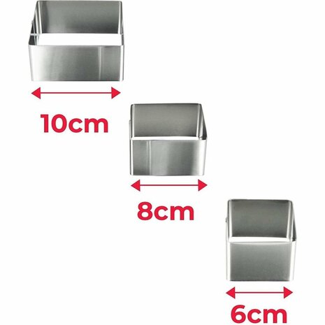 Metaltex Vierkante Kookringen 3 Stuks 6/8/10 cm RVS